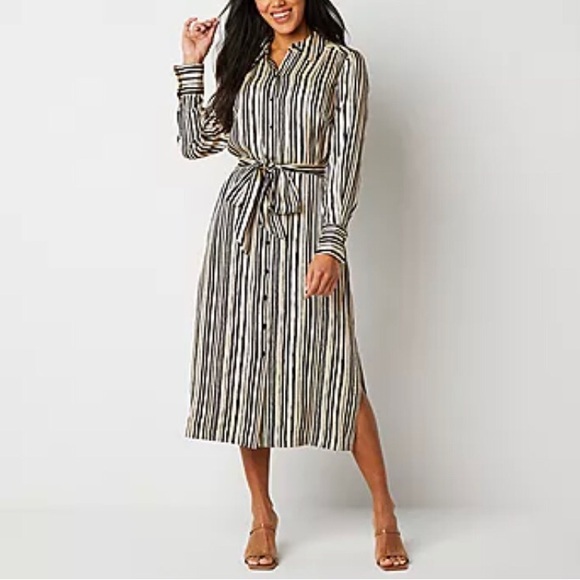 Worthington Dresses & Skirts - Worthington Women's 16 Shirt Dress Black Tan Satin Stripe Belted Midi